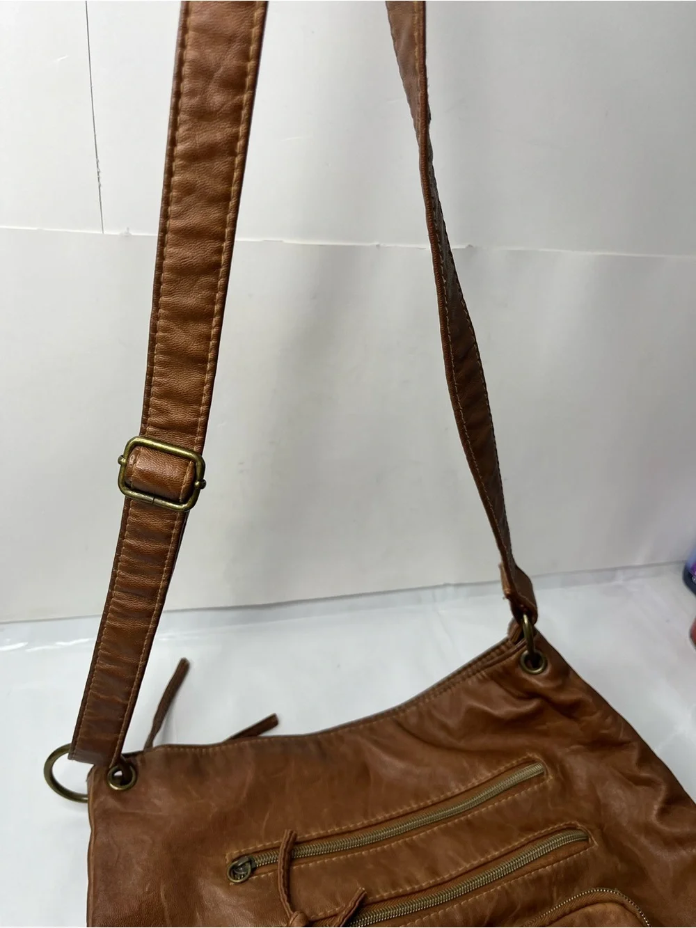 Stone & Co. Tan Leather Messenger Bag with Brass Accents